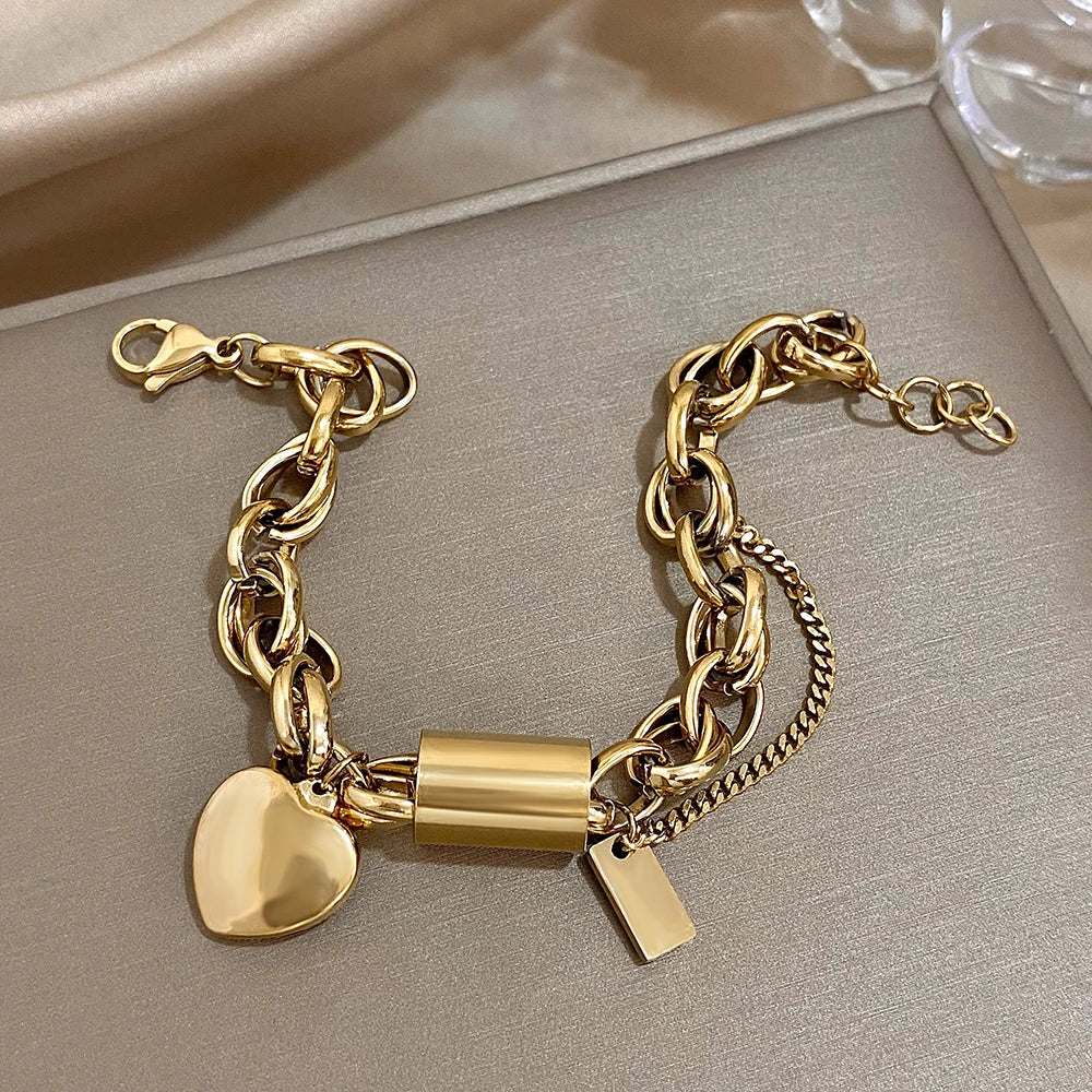 Fashion Gold Chain Bracelets for Women Heart Love Pendant Wrist Jewelry