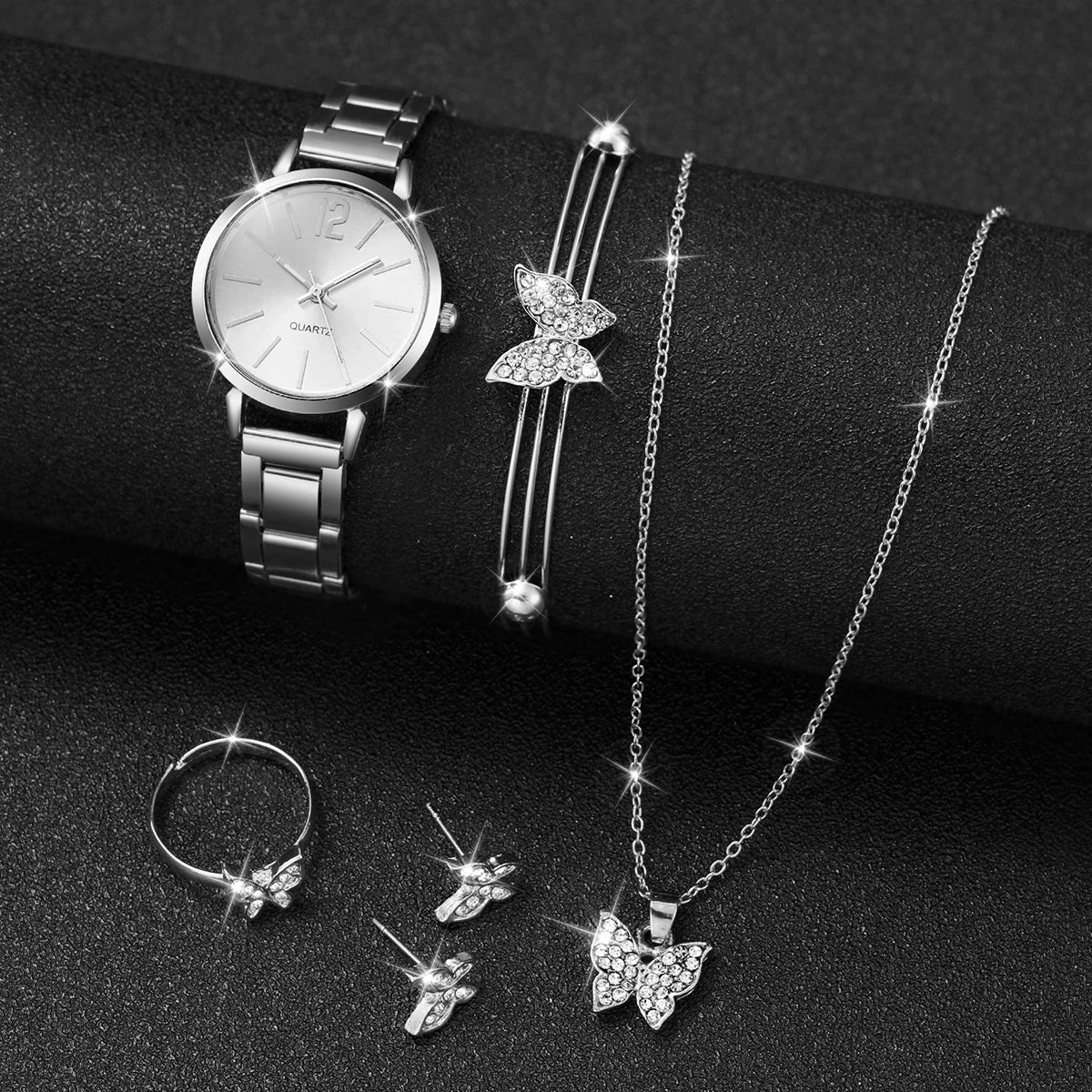 6PCS Fashion Women's Watch and Butterfly Jewelry Set