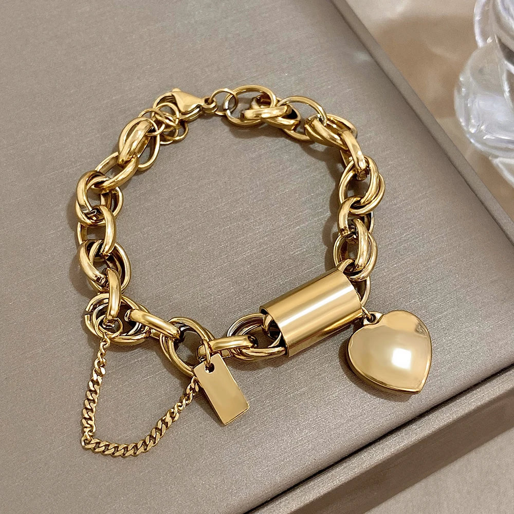 Fashion Gold Chain Bracelets for Women Heart Love Pendant Wrist Jewelry